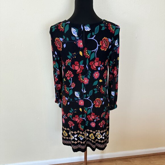 Loft Floral Black Long Sleeve Mini Dress Multicolor Medium Petite Rayon - Picture 8 of 10